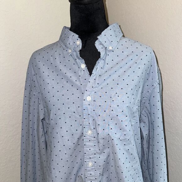 J.Crew Re-Imagined Shirt Men's Large Blue Heart Print Cotton Casual Button-Down - Picture 2 of 8